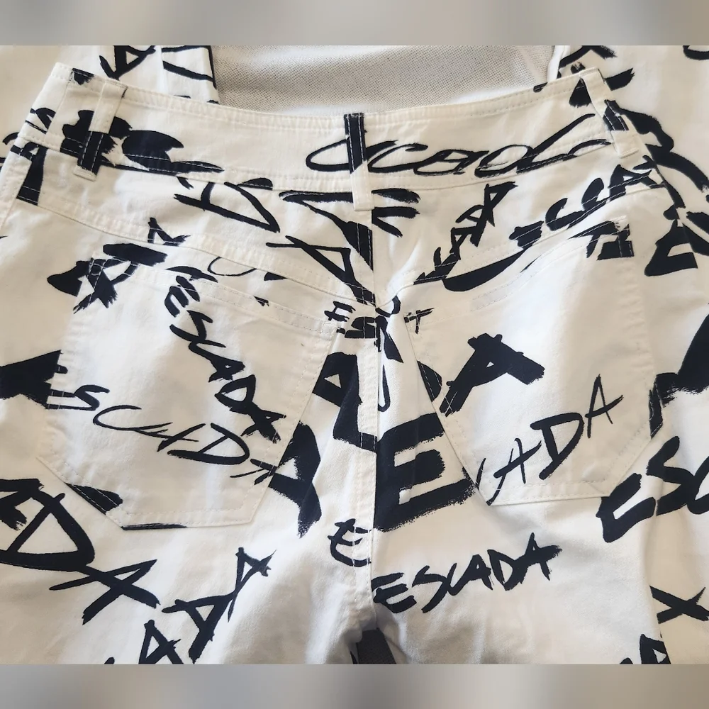 Escada White and Black Logo Pants 34 WAIST - Picture 5 of 8